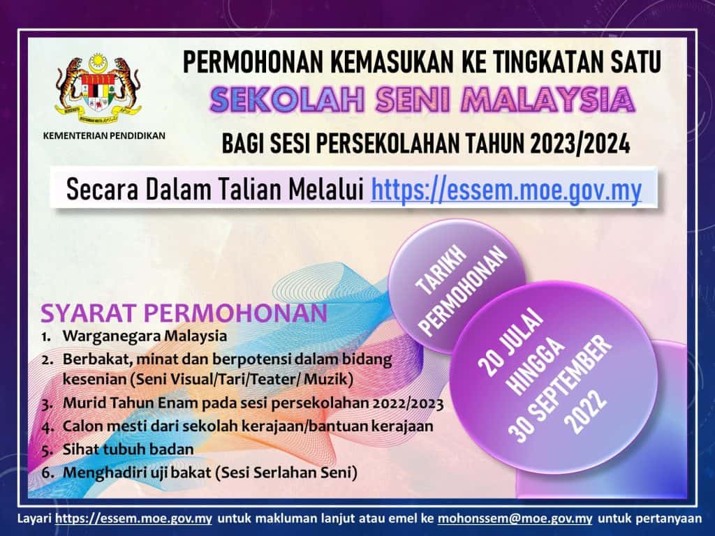 permohonan sekolah seni malaysia tingkatan 1 2023